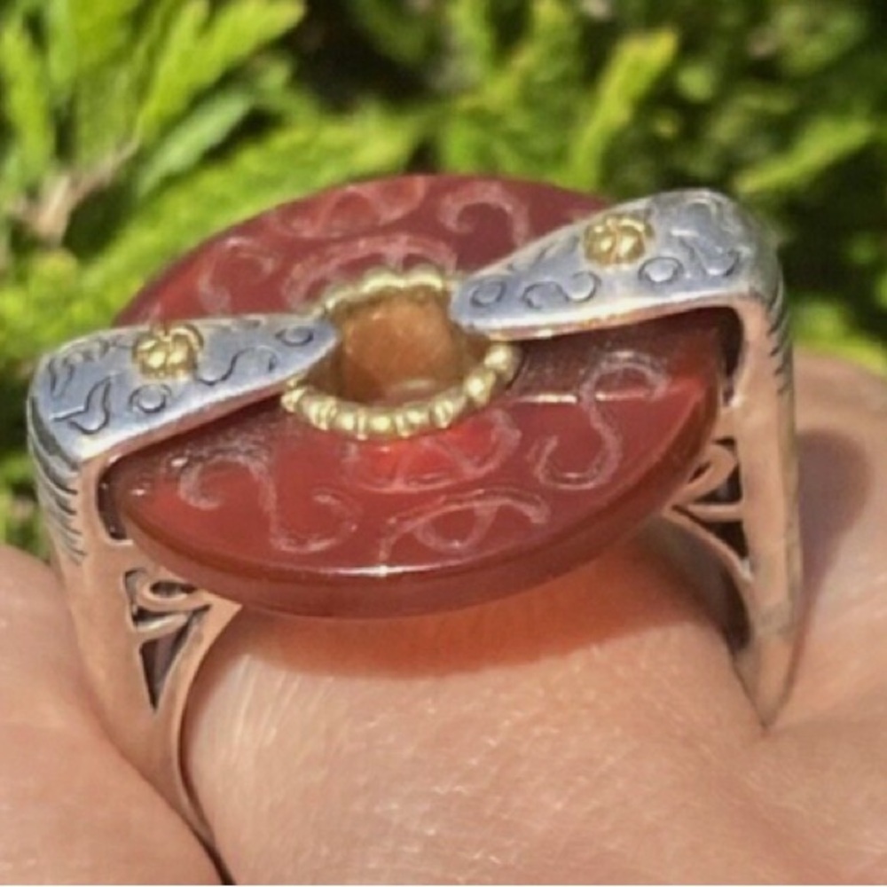 Sterling Silver Yellow Gold Vintage Ring Carved Jade Bi-Disc - Picture 3 of 4